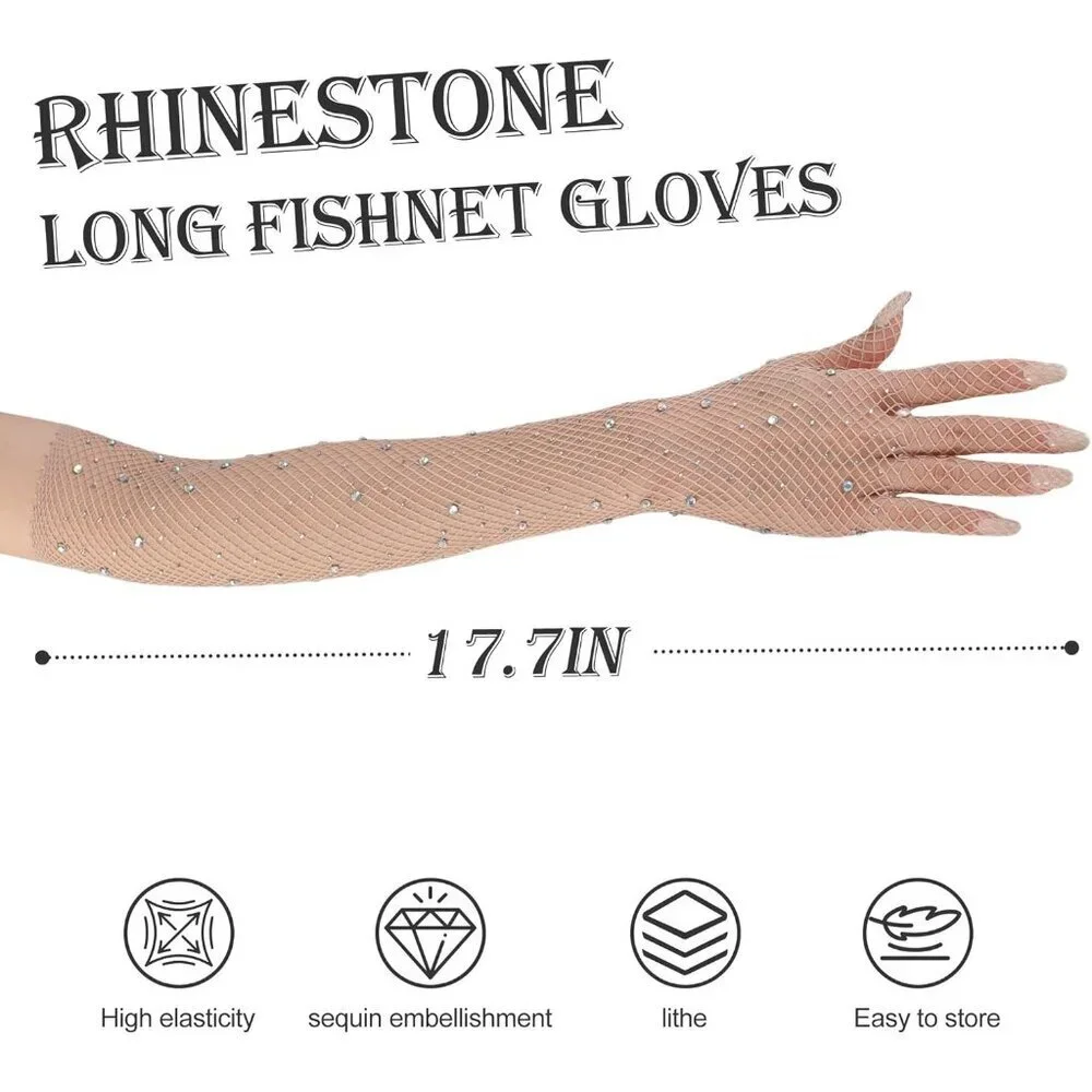 Women's Glitter Brown Rhinestone Elbow Length Long Gloves Halloween Party